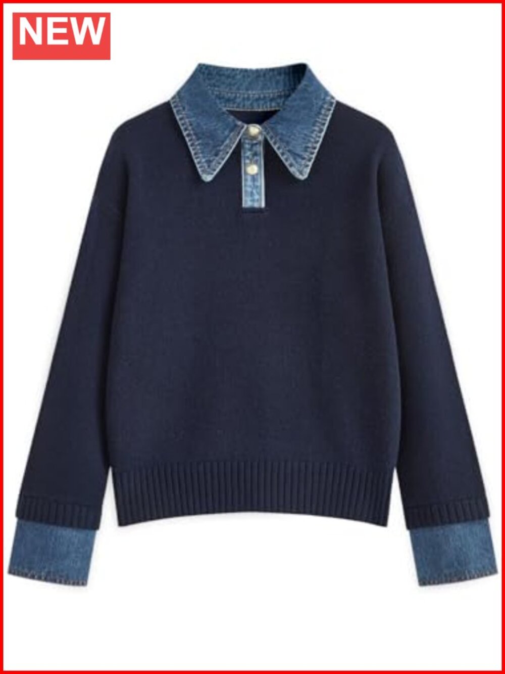 Oversized Collared Denim-Inspired Knit Sweater Button Up Pullover